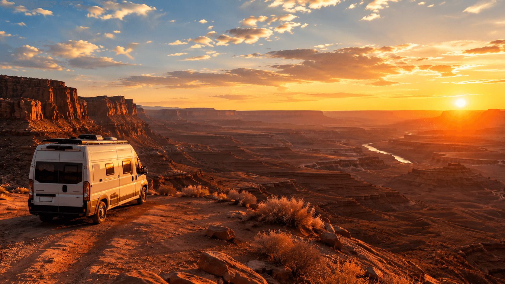 Campervan bij een uitkijkpunt in de Utah woestijn
